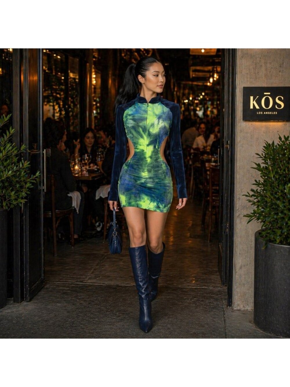 Kim Shui RTW Fall 2021 Swirl Velvet Hooded Mini Dress Club Party Blue Green S